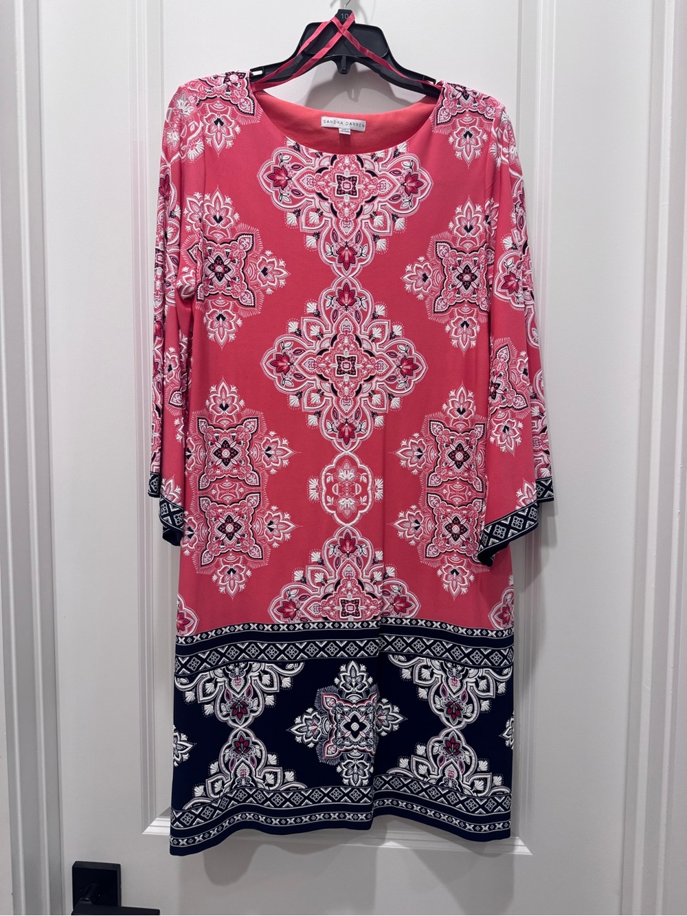 Coral Pink and Navy Medallion Shift Dress